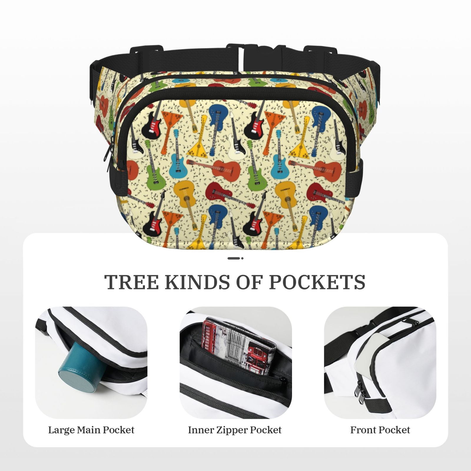 Hirioo Different Kind Of Guitars for Double Layer Waist Bag Adjustable Fanny Pack For Travel Running Hiking
