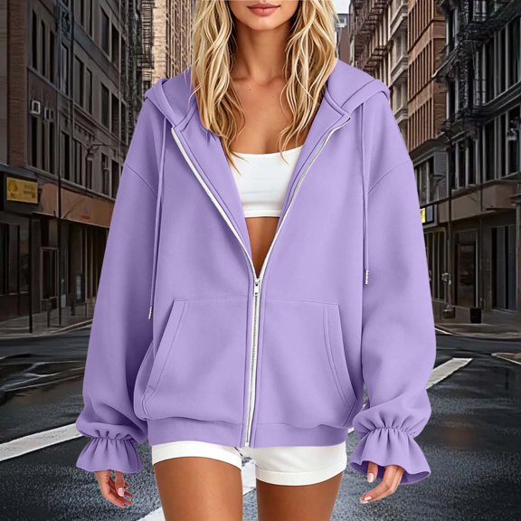 CQONEPT Women's Zip up Hoodie Jackets Long Puff Sleeve Fashion Jackets Drawstring Fall Winter Comfortable Sweatshirts with Pocket PurpleL
