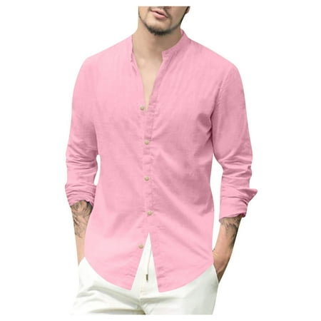 Cakiesky Men Long Sleeve T Shirts with Buttons Moisture Wicking Beach Shirt Pink 2XL