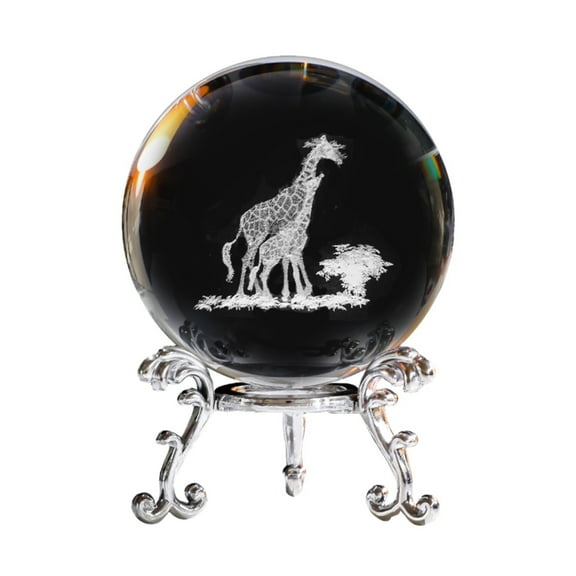 Desktop Decorations, Ongmies 60Mm 3D Engraved Giraffe Paperweight Art Glass Animal Figurine Decorative Item with Stand Inner Carved Deer Accompanying Desktop Ornament, Clear