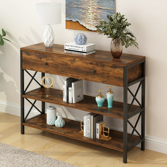 KAAYEE 39.5" Narrow Console Table with 2 Fabric Drawers,Sofa Table, Small Entryway Table with 3-Tier Storage Shelves, Behind Couch Table, for Living Room, Hallway, Rustic Brown and Black