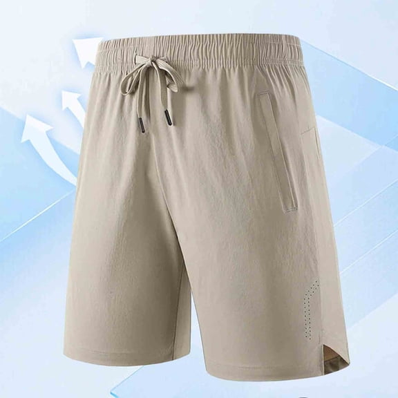 KIHOUT Men's Ice Silk Quick-Dry Athletic Shorts - 100% Polyester, Elastic Drawstring Waist, Split Hem, Functional Pockets for Outdoor Running, Gym Training and Casual Daily Wear