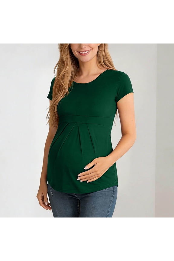 Women's Maternity Tops Short Sleeve Round Neck Pleat T-Shirt During After Pregnancy Clothes