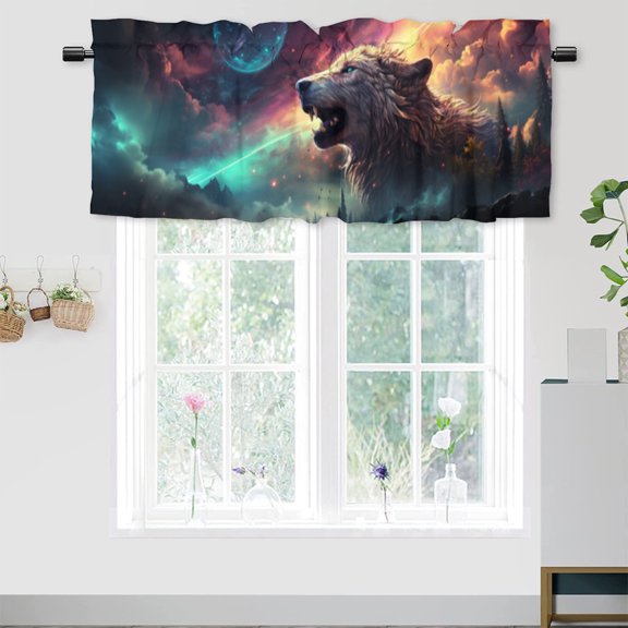 Fantasy Wolf Window Curtain Valance Wildlife Animal Colorful Starry Sky Rod Pocket Window Valance for Living Room Bathroom Bedroom Kitchen 54 by 18 in, 1 Panel