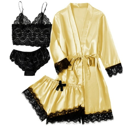 SwiftWear Yellow Silk Satin Pajama Set 4pcs Sleepwear Pajamas for Women Set Floral Lace Cami Panty Shorts Set with Robe   2XL