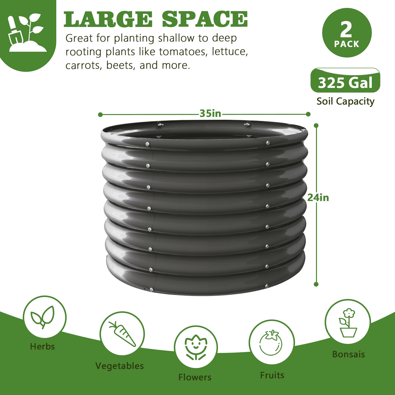 2-Pack 3ft x 24” Tall Galvanized Raised Garden Beds Outdoor, Round Metal Planter Box for Planting Vegetables Flowers Herb, Anti-Rust & Easy-Setup, Quartz Grey