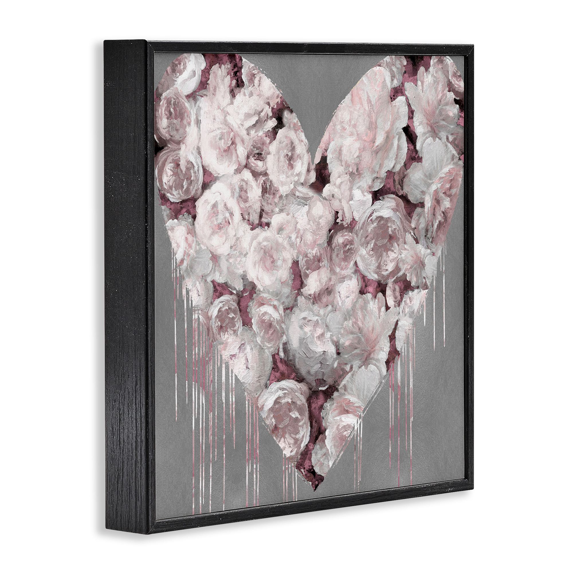 Stupell Industries Pink Rose Heart over Grey Botanical & Floral Painting Black Framed Art Print Wall Art, 24 x 24