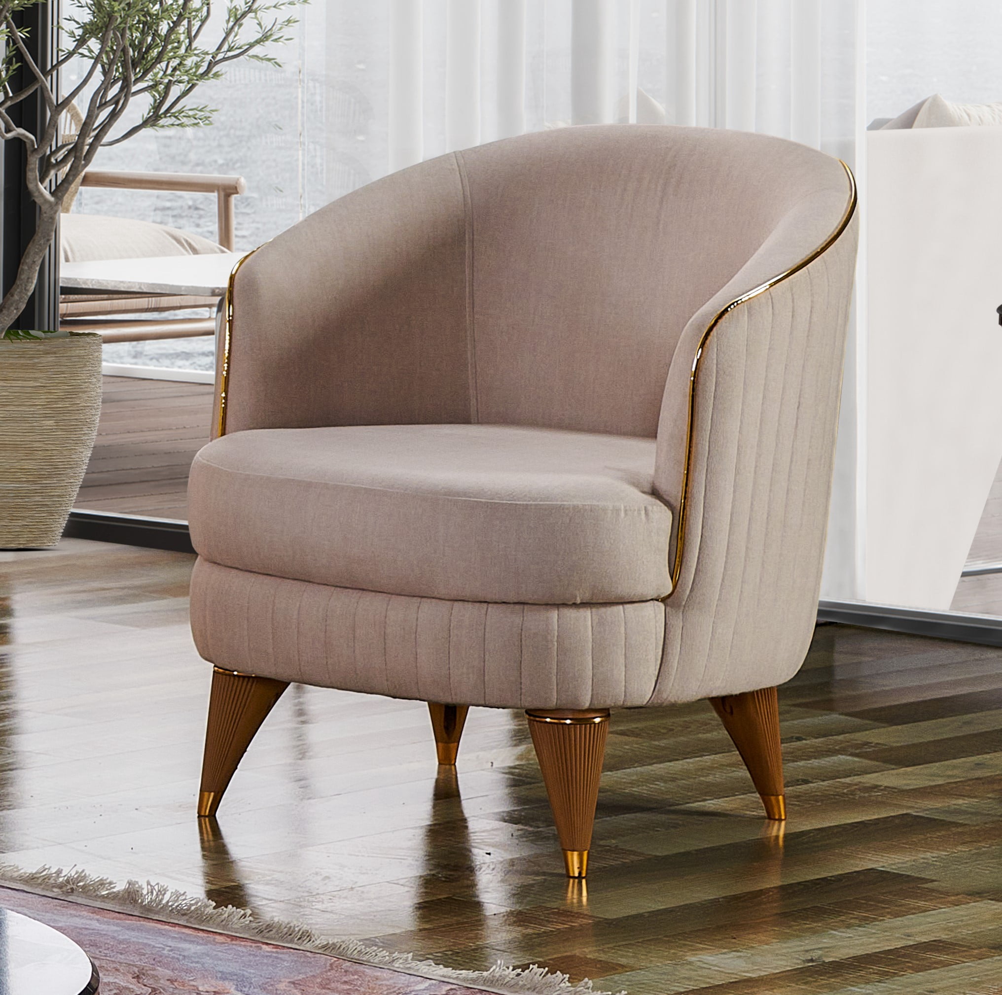 Ottomanson Barrel Accent Chair Microfiber Modern Armchair for Living Room, Beige