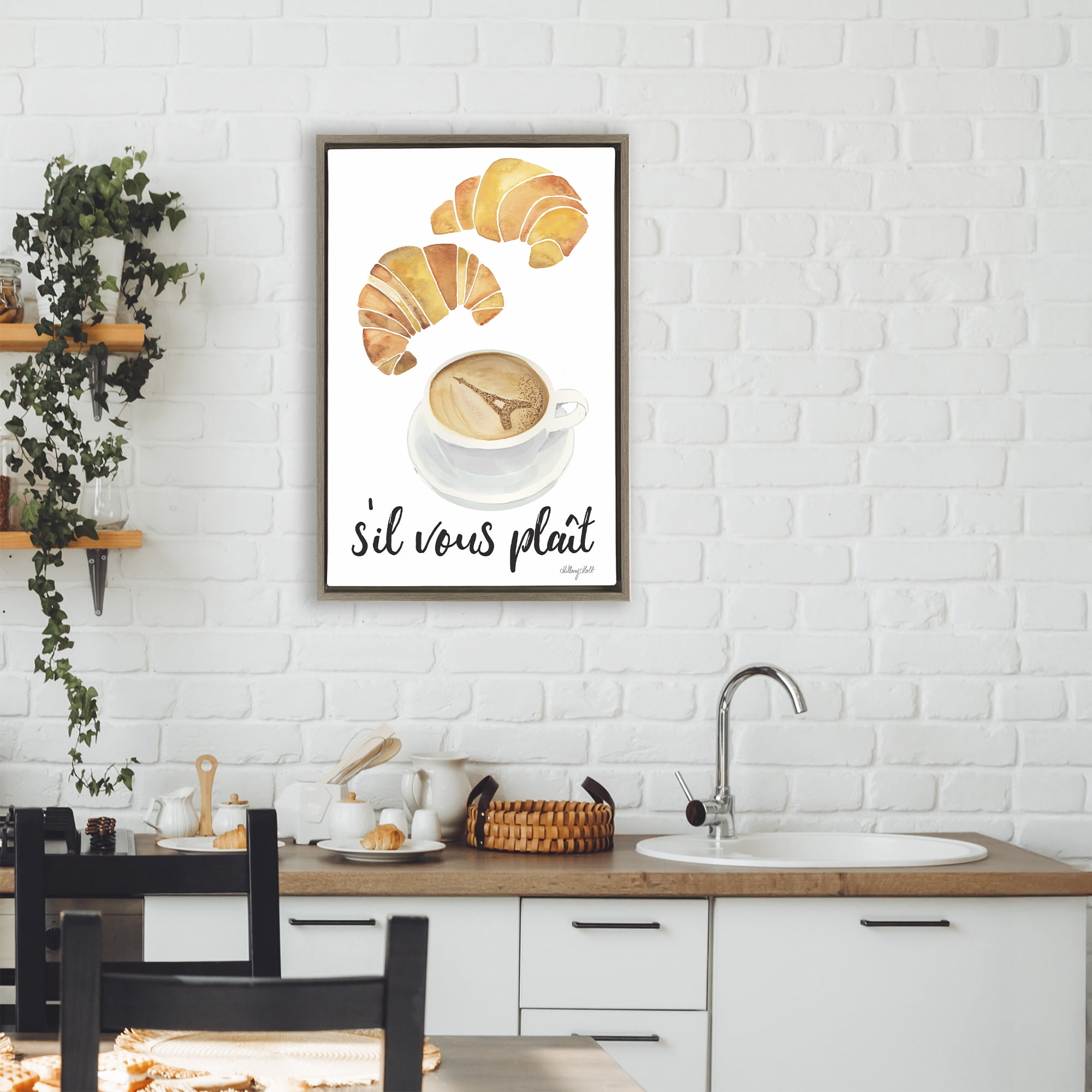 Stupell Industries Paris Croissant and Coffee Brown Framed Floater Canvas Wall Art, design by Hillary Holt