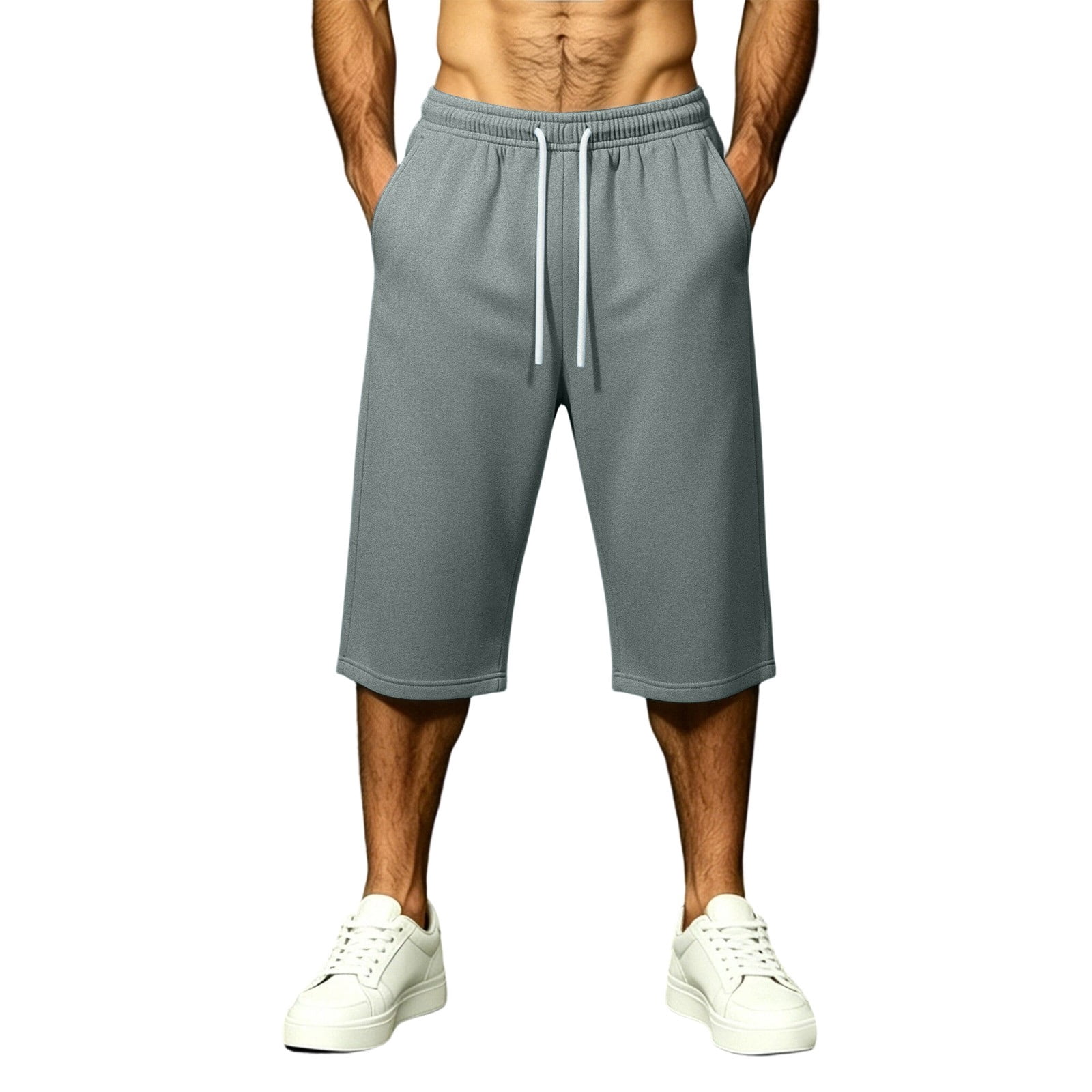 ShomPort Men's Capri Pants Summer Baggy Sweat Shorts Below Knee Drawstring Sport Casual Pants with Pockets