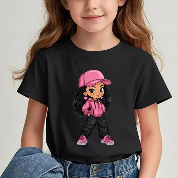 Spazoro Big Boys Girls Shirts Tee, Cute Print Short Sleeve Crew Neck Graphic T-Shirts Casual Summer Tops for Unisex Black Size 3 T