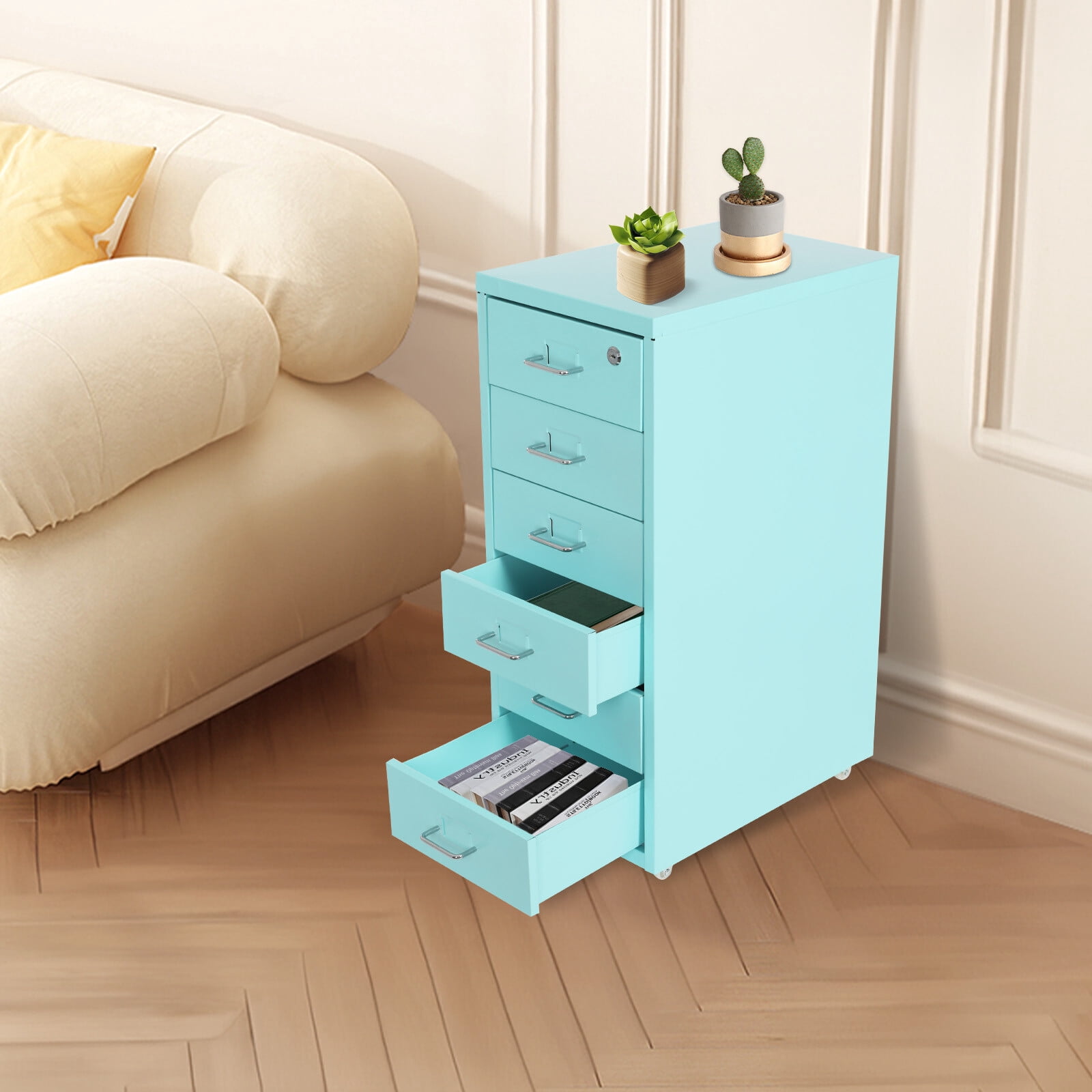 6-Tier 28*41*69cm Metal File Cabinet Home Office Freestanding Vertical File Cabinet Lockable with Curved Handle