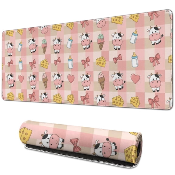 Long Mouse Pads for Desk,Pink Checkered Cow Pattern Desk Mats on Top Of Desks, Desk Mouse Pad Extra Large with 3mm Non-Slip Base and Stitched Edge for Gaming,Office,Work,Home 31.5"x11.8"