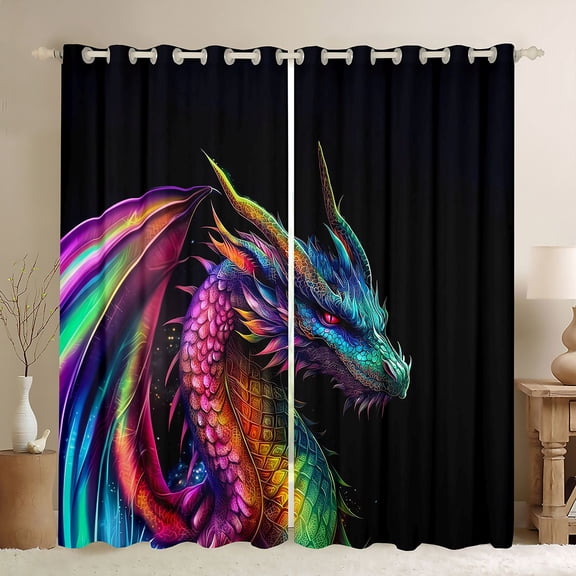 Manfei Watercolor Cartoon Dragon Curtains Pack of 2 (42x84 Each),Western Fantasy Animal Curtains Blackout,Colorful Ombre Bedroom Curtains For Kids,Microfiber Bedroom Decor