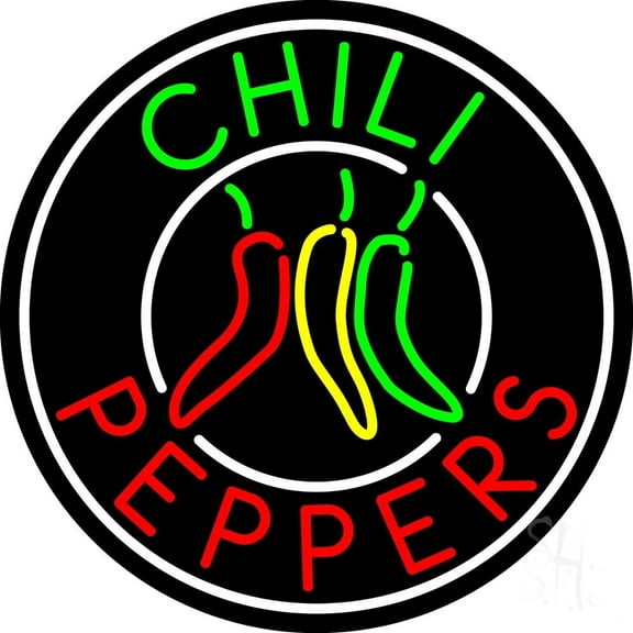 Chili Peppers Circle LED Neon Sign 26 x 26 - inches, Black Square Cut Acrylic Backing, with Dimmer - Bright and Premium built indoor LED Neon Sign for restaurant window and interior decor.