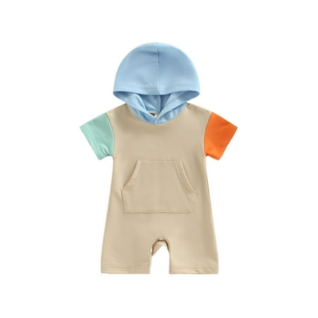 

Jkerther Infant Baby Summer Hood Romper Contrast Color Short Sleeve Jumpsuit with Kangaroo Pocket for Boys Girls