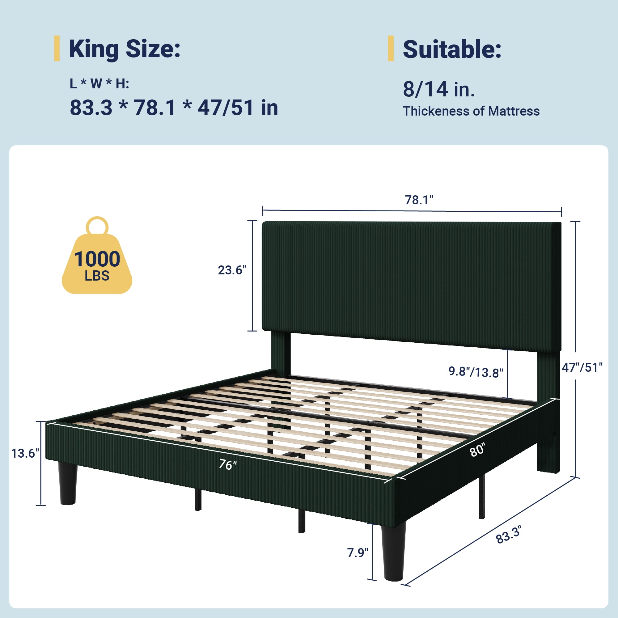 Allewie King Size Upholstered Bed Frame with Vertical Channel Tufted Headboard, Soft Corduroy Fabric Platform Bed, Green