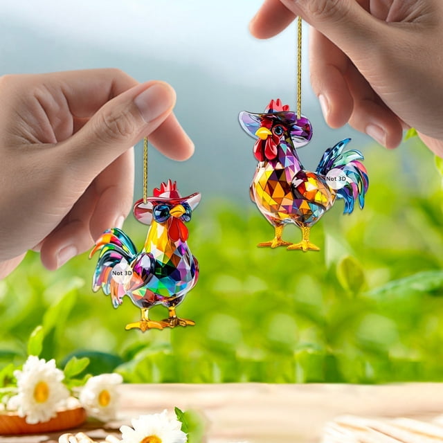 Novelty Chicken Decoration Set, 2D Cartoon Style, Car Rear View Mirror Ornament with Colourful Rooster Design, Hanging Charm with String for Bags, Home Decor, Two-Piece Set