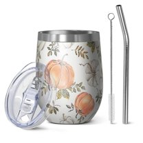 12oz Stemless Wine Tumblers Fall Pumpkins Leaves Pattern Vacuum Insulated Stainless Steel Travel Tumbler Cups Mug with Lid and Straw for Champaign,Cocktail,Beer with Cleaning Brush
