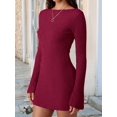 thumbnail image 6 of Women's Elegant Boat Neck Long Flare Sleeve Ribbed Slim Fit Bodycon Knit Mini Dress Red S, 6 of 9