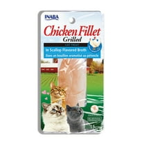 INABA Natural, Premium Hand-Cut Grilled Chicken Fillet Cat Treats/Topper/Complement with Vitamin E and Green Tea Extract, 0.9 Ounces Each, Scallop Broth
