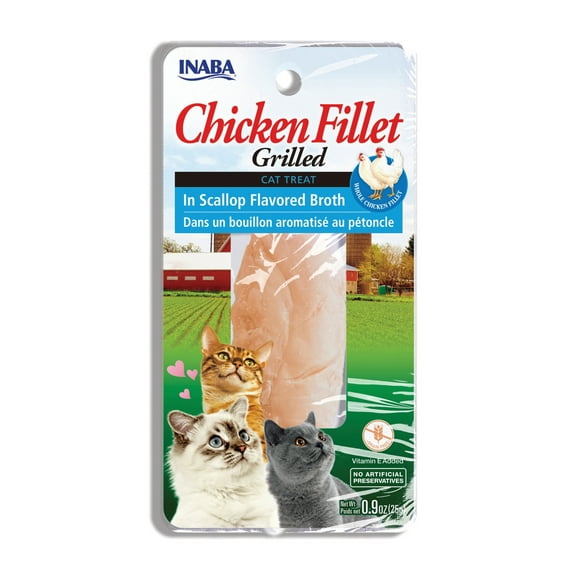 INABA Natural, Premium Hand-Cut Grilled Chicken Fillet Cat Treats/Topper/Complement with Vitamin E and Green Tea Extract, 0.9 Ounces Each, Scallop Broth