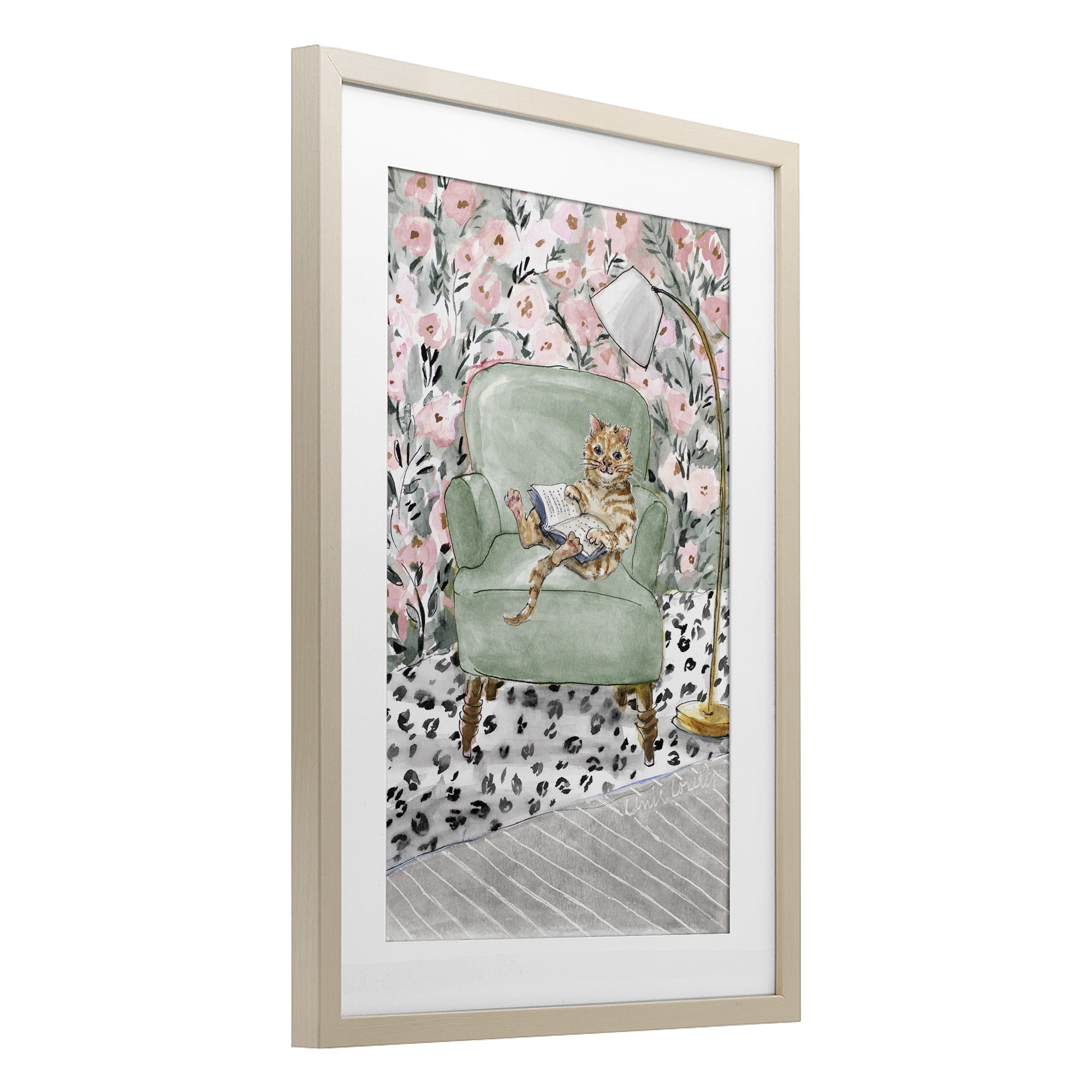 Stupell Industries Cozy Cat Reading Birch Framed Print Under Glass, design by Lanie Loreth