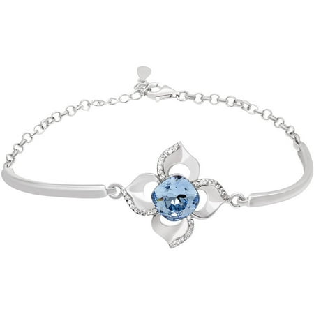Swarovski Blue Bracelets - Clear CZ and Aquamarine Blue Swarovski Crystal Sterling Silver Flower Link Adjustable Bangle Bracelet, 7.5