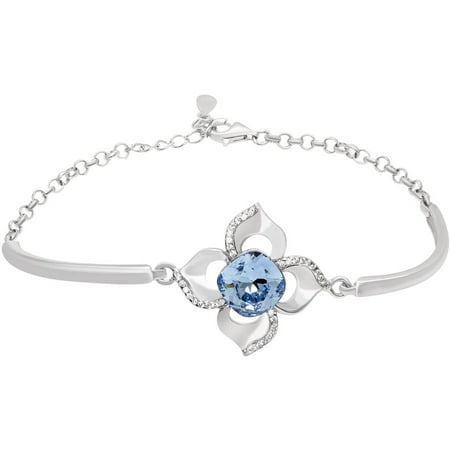 American Designs Clear CZ and Aquamarine Blue Swarovski Crystal Sterling Silver Flower Link Adjustable Bangle Bracelet, 7.5