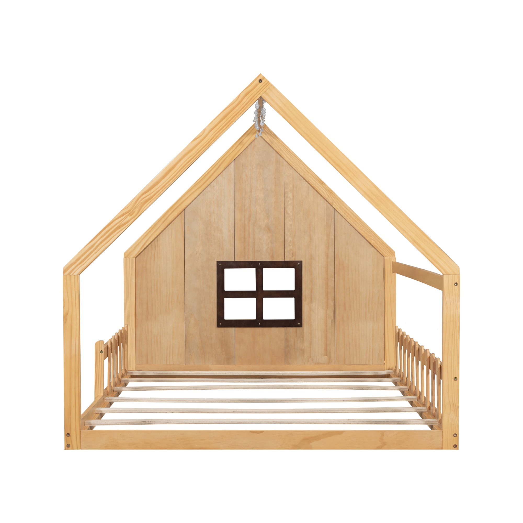 Bellemave Full Size House Bed with LED Light and Fence, Wooden Montessori Floor Bed with Window for Boys Girls, No Box Spring Required (Natural)