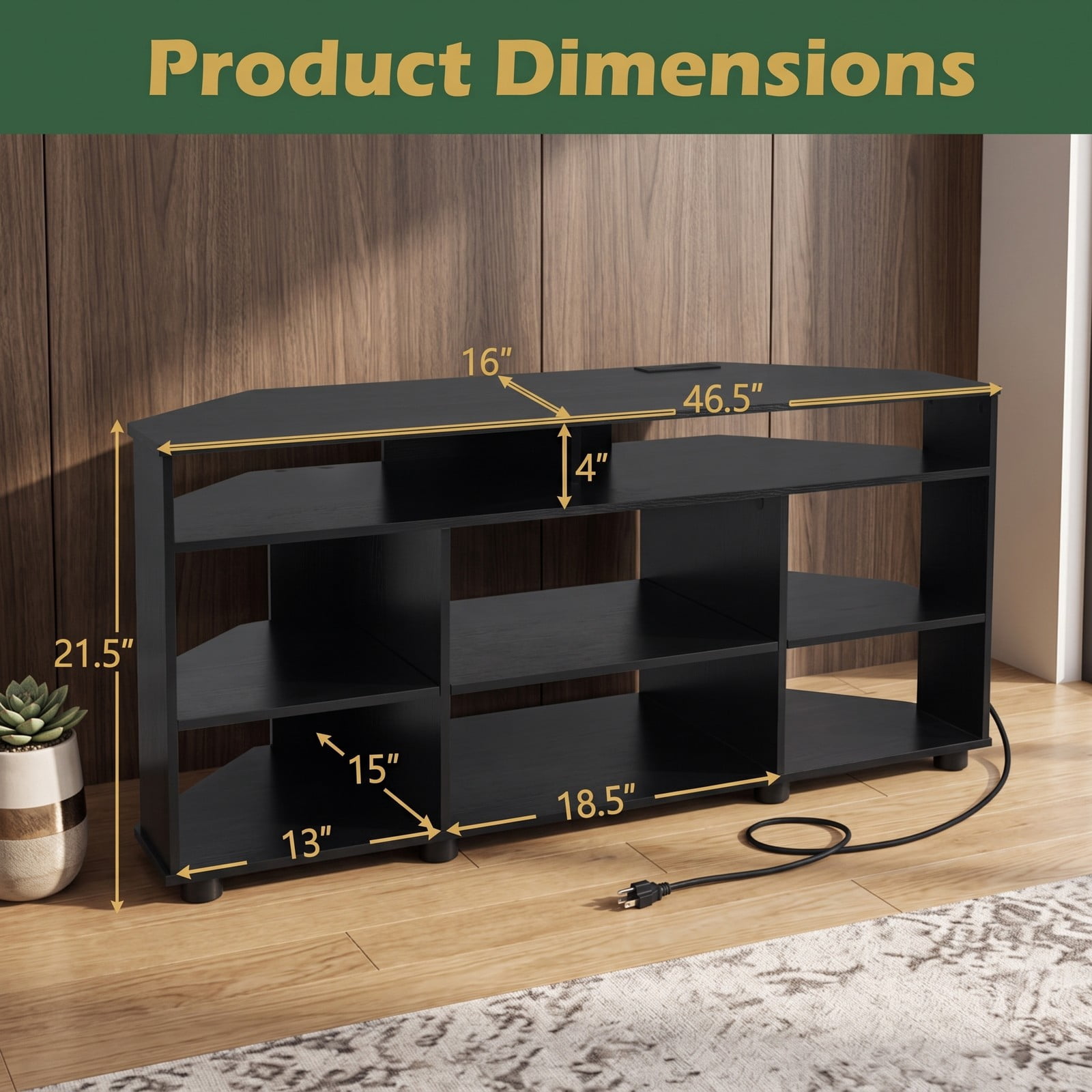 Furnibear Corner TV Stand for TVs up to 55 Inch, Entertainment Center with Charging Station, 3 Adjustable Shelves, Wood Media Console Side Cabinet for Living, Black