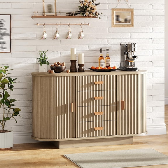 Ataucjin 47" Sideboard Buffet Cabinet with Storage, Fluted Coffee Bar Cabinet with 4 Drawers and 2 Arched Sliding Doors, Modern Wood Storage Buffet Table for Kitchen, Living Room