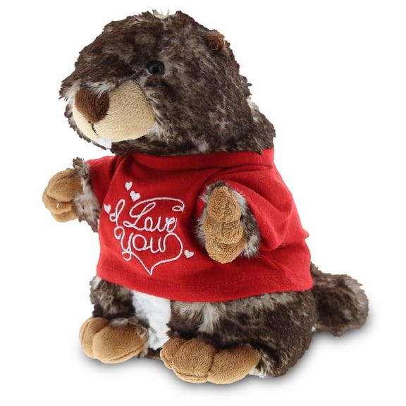 DolliBu I LOVE YOU Plush Standing Marmot – Cute Stuffed Animal with Red Shirt for Valentine, Anniversary, Romantic Date, Boyfriend, or Girlfriend Gift – 8.5 Inches