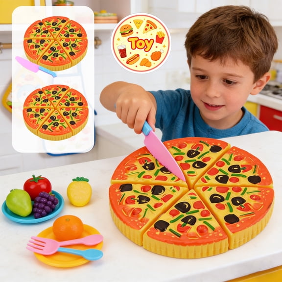 Cuttable Pizza Play Food Set with Simulated Fruits & Tableware, Kitchen Cutting Pretend Play Toys, Cooking Role Play Kit, Christmas Birthday Gifts, Toys for Toddler Baby Kids Boys Girls, Age 3