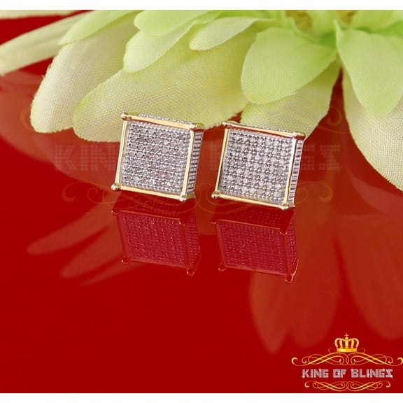 King of Bling's Aretes Para Hombre 925 Yellow Silver 0.33ct Diamond Stud Men's Square Earrings