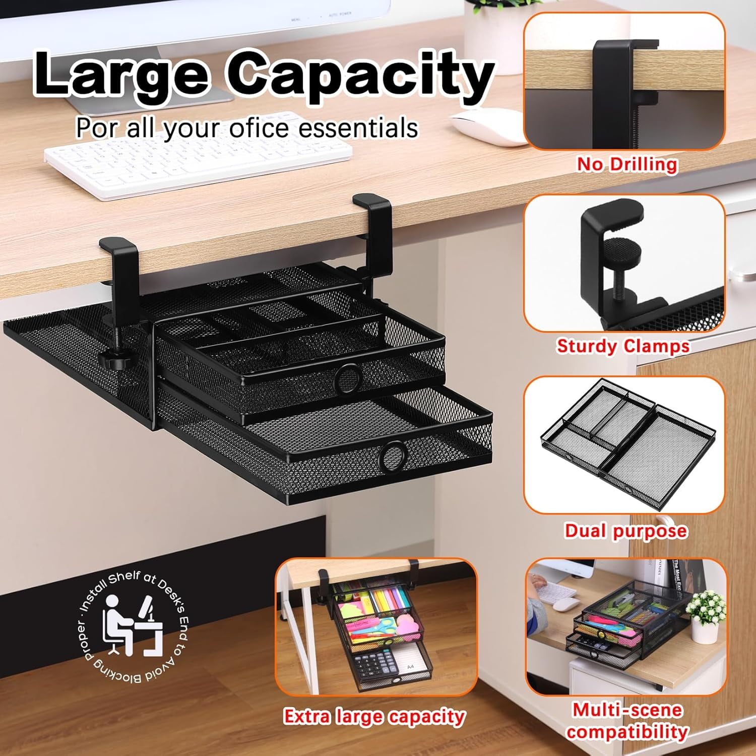 Under Desk & Desktop Drawer Organizer - 2-Tier Metal Slide Out Drawers Organizer, Storage for Home Office Desk (Black)