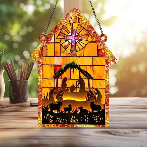Doghiosgha Nativity Scene House Suncatcher, Window Hanging Stained Glass Holy Family Ornament for Home Indoor Christmas Decor, 3.15"