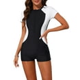thumbnail image 1 of INSPIRAR CHIC Traje de baño de una pieza para mujer con cremallera frontal y manga corta, traje de baño atlético de bloque de color para nadar y surfear, blanco mediano, 1 of 5