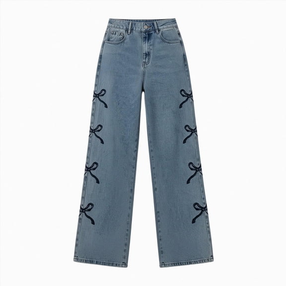 Xyant Girl's Fashion Jeans Y2K High Waist Casual Vintage Baggy Straight Cut Cute Bow Embroidered Denim Pants (Blue,11-12 Years)