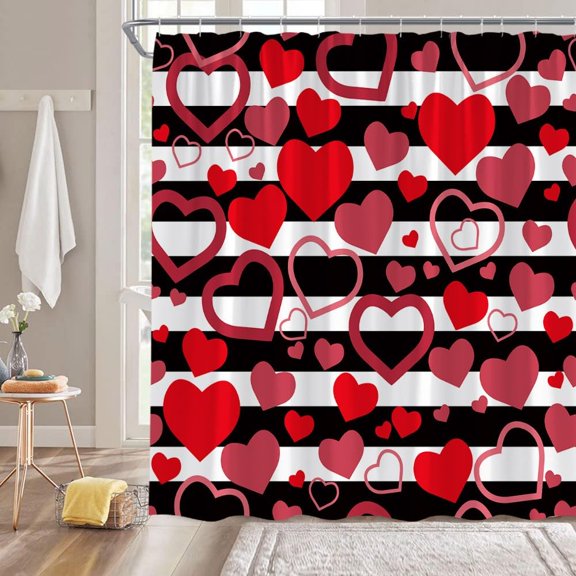 Valentine''s Day Shower Curtain Red Heart Black White Stripes Romantic Sweet Love for Lover Couple Creative Bathroom Decor Fabric Curtain with Hooks