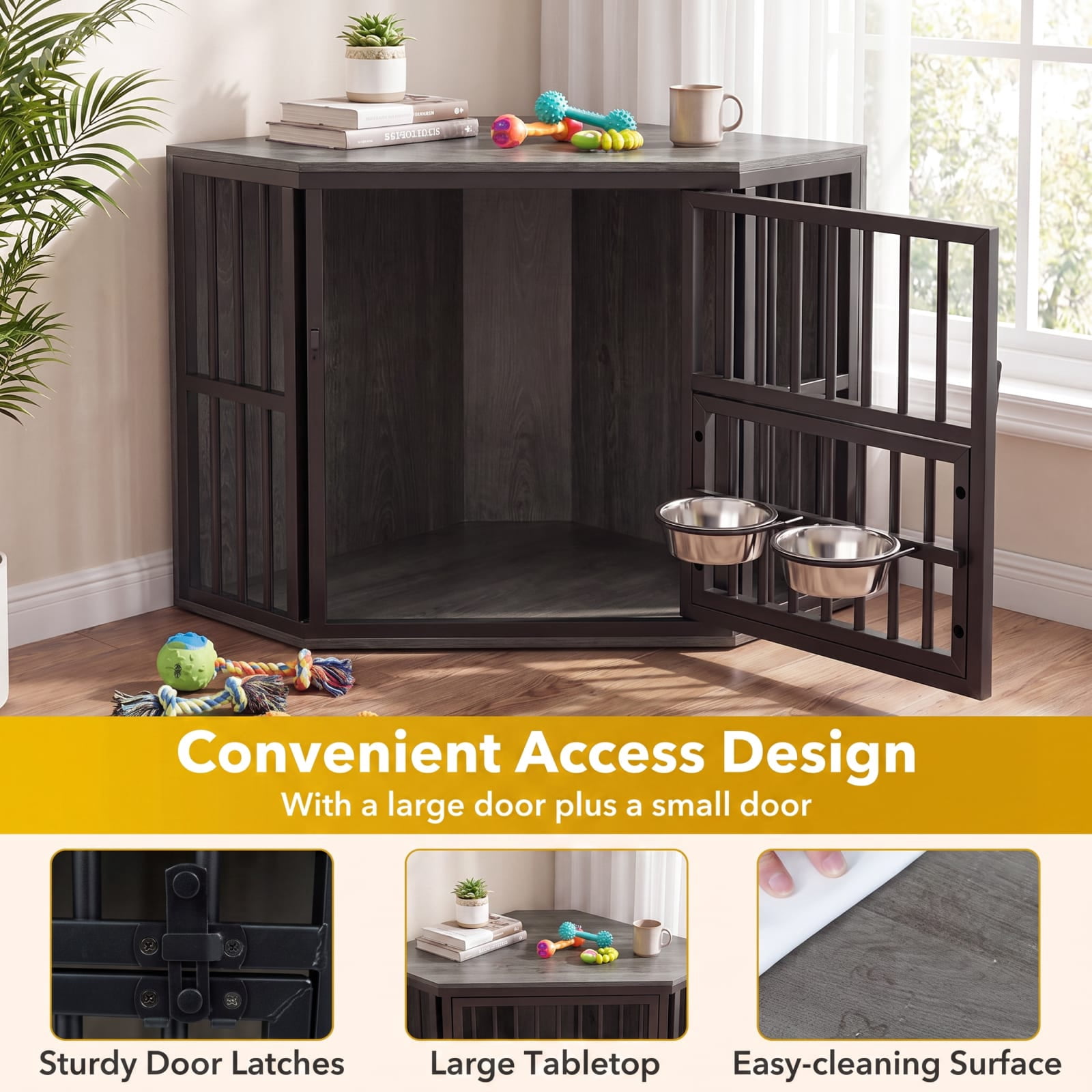 Vebreda Dog Crate Furniture, 35.5 inches Wooden Dog Kennel End Table with 3-Position Dog Bowl Rack, Space-Fit Corner Shape Design