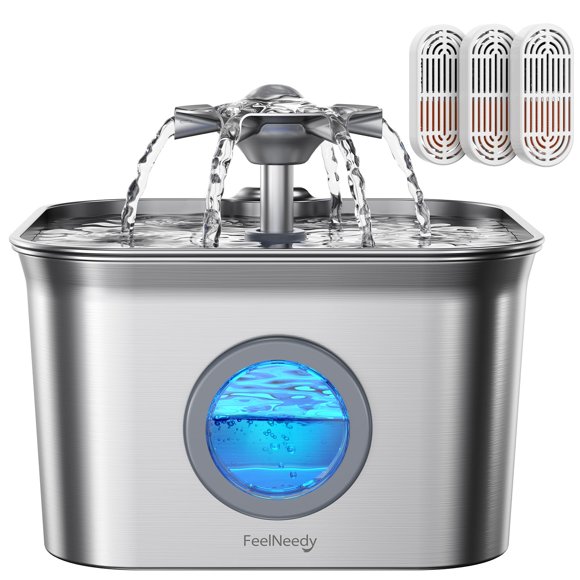 Fuente de agua para gatos FEELNEEDY de acero inoxidable de 2,8 L con 3 filtros