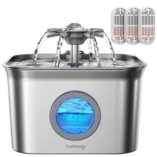 Fuente de agua para gatos FEELNEEDY de acero inoxidable de 2,8 L con 3 filtros