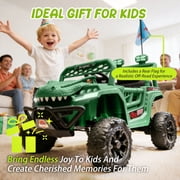 12V Ride On Cars for Kids, Kids Ride on Toys with Remote Control, Dinosaur Kids UTV Cars, 4 Wheel Suspension Electric Vehicle with Bluetooth, Music, LED, Ideal Gift for Boys Girls 2-4, Green