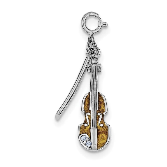 Sterling Silver Rhodium-Plated Enameled & Preciosa Crystal Violin Charm (32 X 9) Made In China qc4768