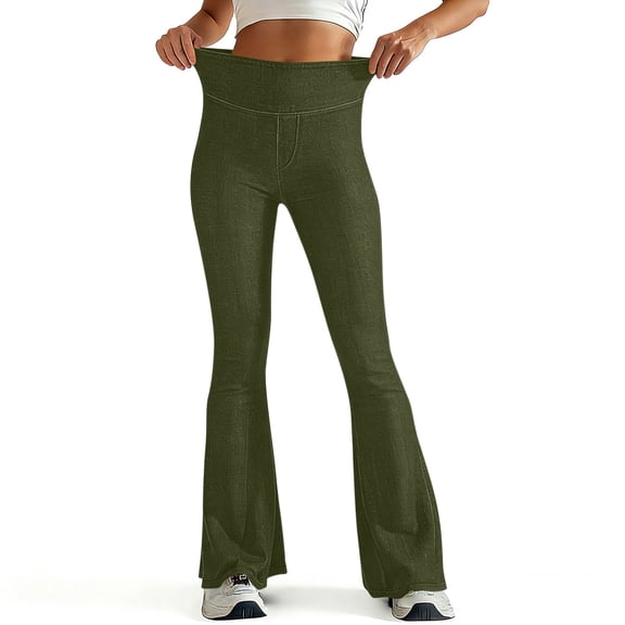 Juslio Women Jeans Stretchy Faux Jean Flare Jeans Pocket Casual High Waist Army Green Jeans