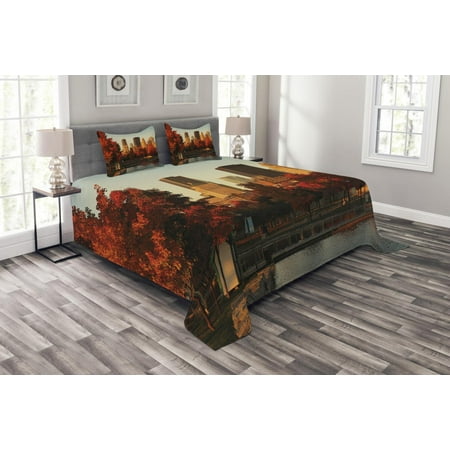 Bedding Montreal City Bedspread Set, Old Port of Montreal Early in the Morning Scenic Autumn Trees Buildings Canada, Decorative Quilted Coverlet Set with Pillow Shams Included, Red Orange Brown, by Ambesonne ()