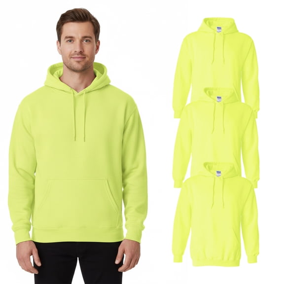 Gildan Heavy Blend Men's Safety Hoodie, Durable Hi-Vis Green Pullover Hooded Sweatshirt, 3-Pack, S