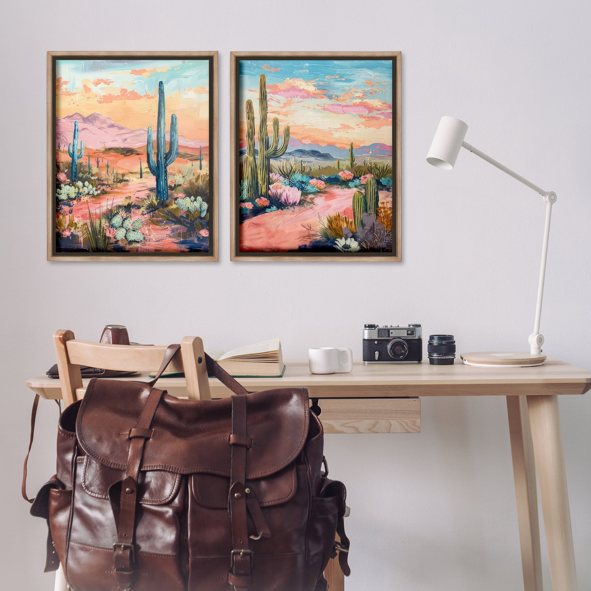 Stupell Industries Cactus Paths & Sunset Landscape & Nature Painting Brown Floater Framed Canvas Art Print Wall Art, 31 x 25, Set of 2
