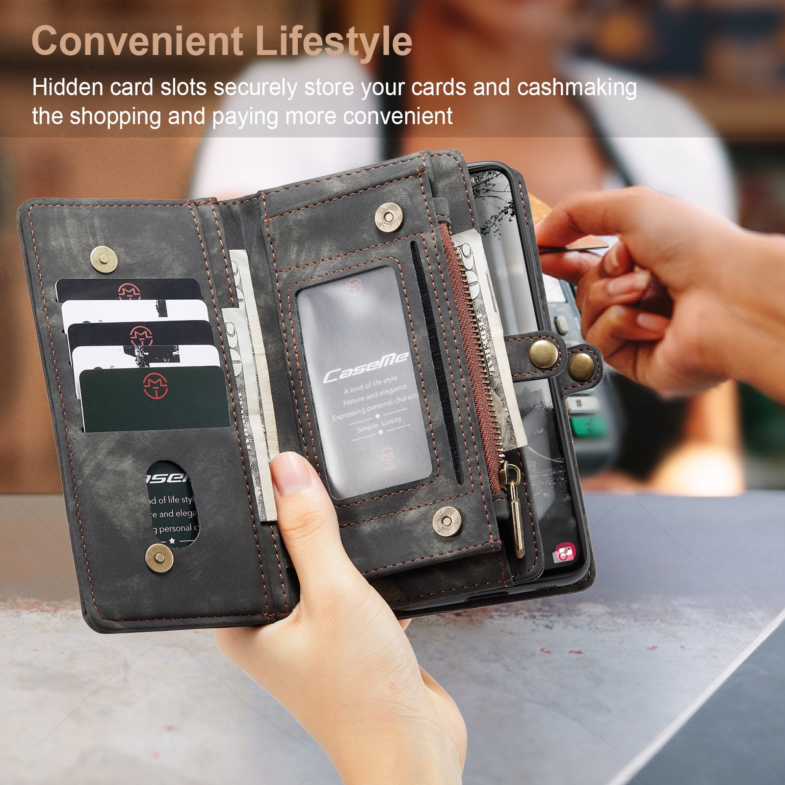 Samsung Galaxy A53 5G Wallet Case for Women Men, Dteck Heavy Duty PU Leather Flip Case Detachable Phone Cover with 8 Card Slots Zipper Purse with Wrist Strap for Samsung Galaxy A53 5G,Black